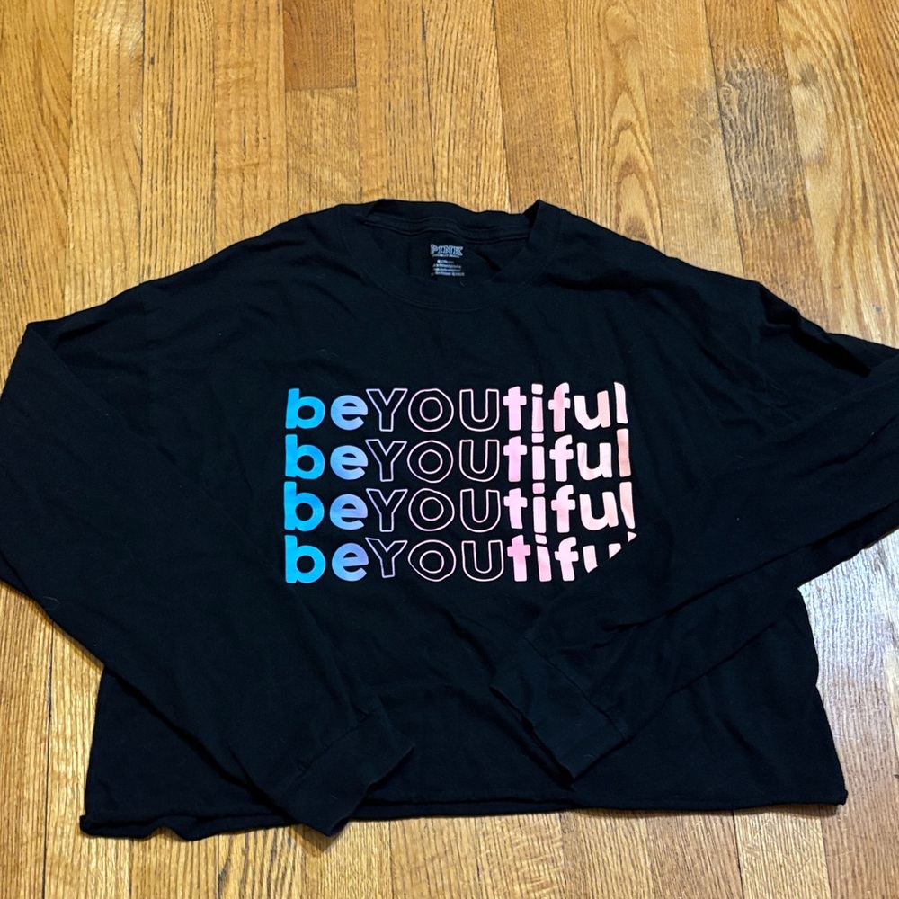 PINK Victoria's Secret Black Long Sleeve Tee with BeYOUtiful Design - Picture 2 of 5